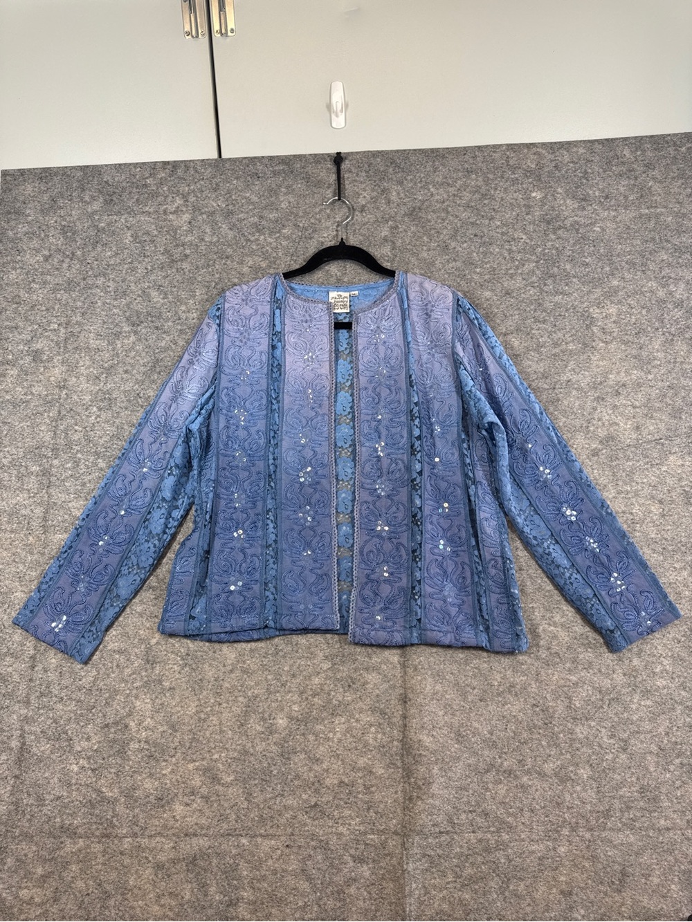 Parsley & Sage Blue Lace Jacket Medium Boho Sequin Open Front Artsy Lagenlook